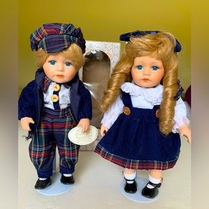 Collectible 2 vintage porcelain dolls 12” high twins blond girl & boy blue eyes